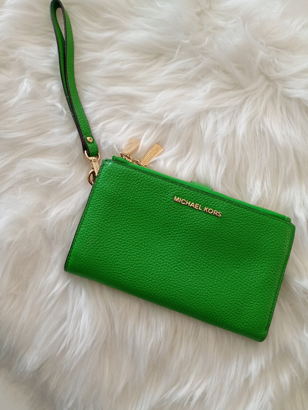 Michael Kors | Bright Green Pebbled Leather Wristlet Gold Hardware
